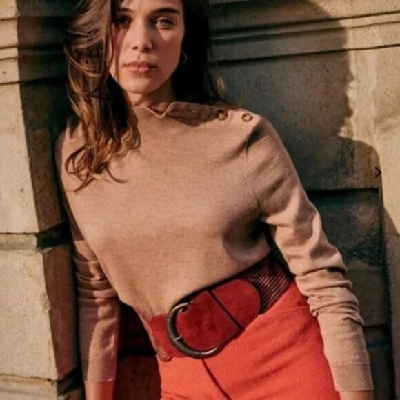 Sezane Jacob Sweater Button Shoulder Merino Wool Camel Size Medium French Knit - Picture 13 of 16